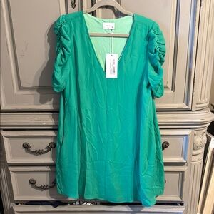 Green V-Neck Dress with Ruched Sleeves